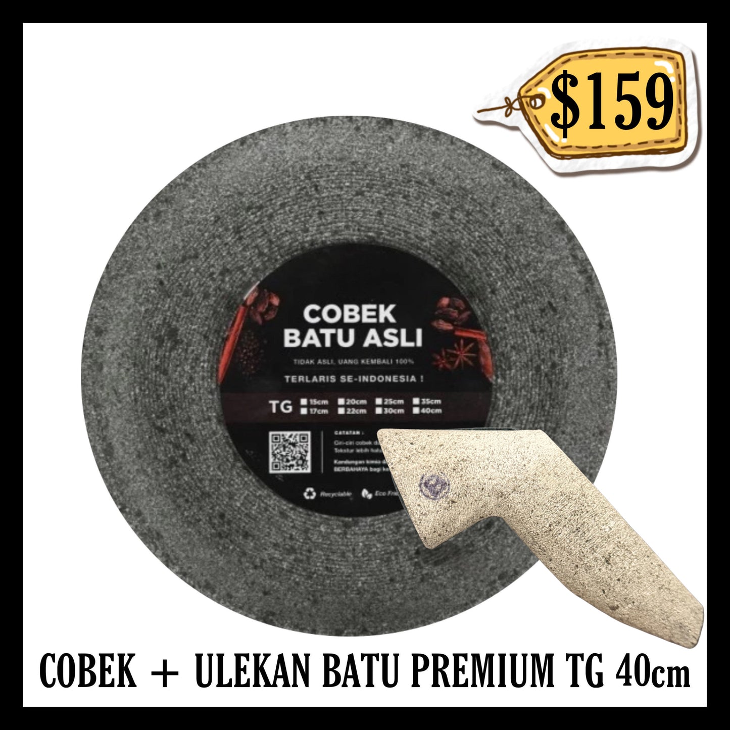 Cobek + Ulekan Batu Premium Tg 40cm