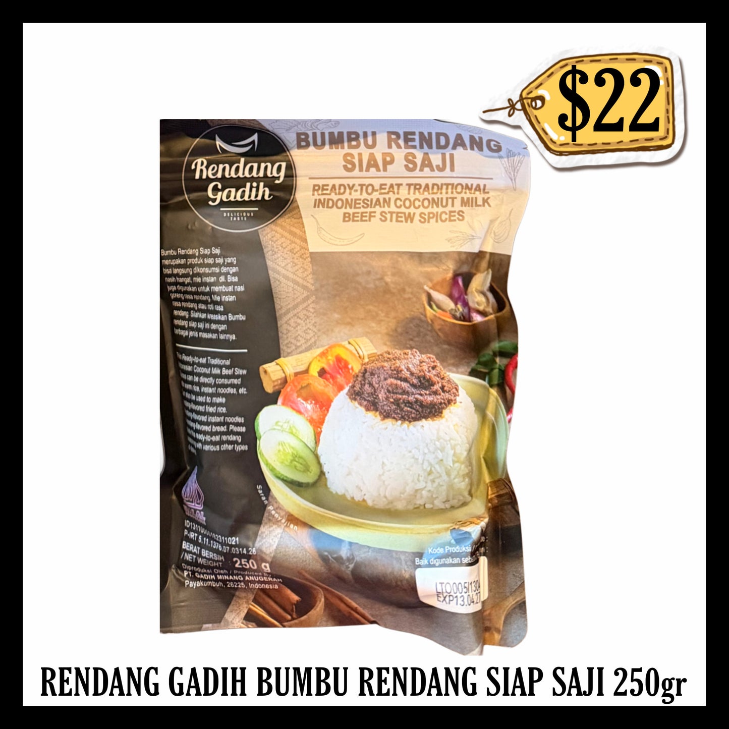 Rendang Gadih Bumbu Rendang 250gr Ready To Eat Siap Saji (BBD 13 APR 2027)